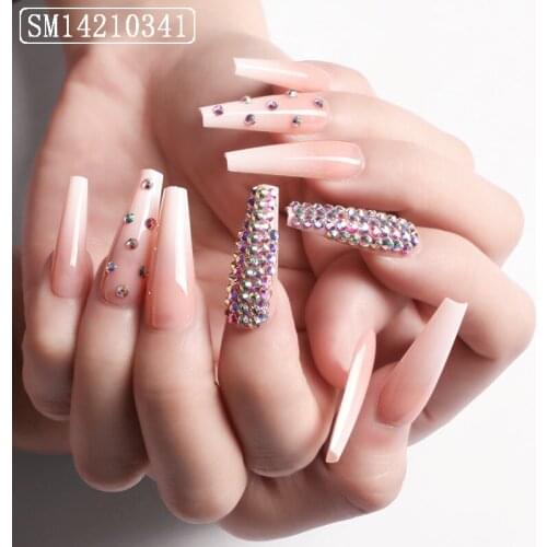 24Pcs Pink Gradient Fake Nails 3D Full Diamond Designs Long coffin Nail Art Fully Covered Nail Decoration Accessories Nail Tools