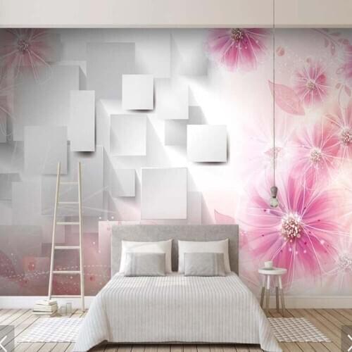 Pink Flower 3D Square Print Wallpaper Mural for Living Room Bedroom Papel Pintado Rollo Papel Decorativo Pared 3d Custom Size
