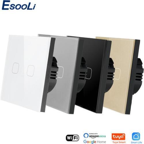 EsooLi EU Standard 2 Gang Tuya/Smart Life WiFi Wall Light Touch Switch Crystal Tempered Glass Wireless Control Touch Switch