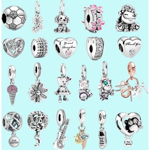 2021 New Original 925 Silver Beads Hamsa Eye Dangle Paw Print & HearT Charms Cilp Fit Pandora Bracelet DIY Women Jewelry