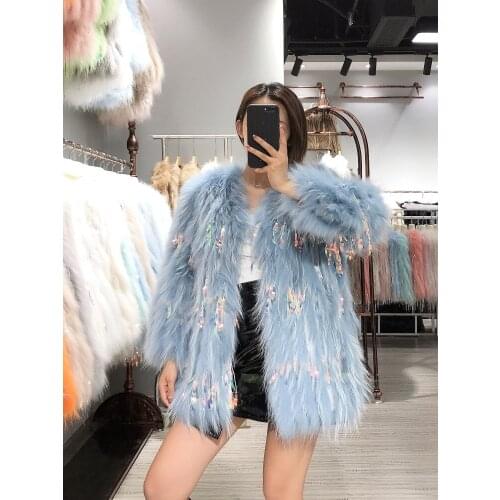 New Womens Genuine Real natural Raccoon Fur Coat with Sequin tassel fashion sexy Overcoat jacket