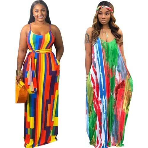 Summer Maxi Dresses for Women Belt Sleeveless Spaghetti Strap Bohemian Dress Casual Loose Tie Dye Dress Wholesale Dropshipping