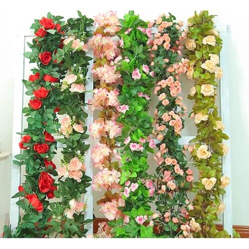 Silk Artificial Rose Vine Hanging Flowers For Wall Decoration Rattan Fake Plants Leaves Garland Romantic Wedding Home Decoration