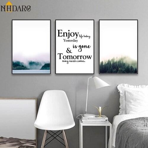 Nordic Fog Mountain Landscape Enjoy Quote Canvas Art Print Painting Poster, Forest Wall Pictures For Home Decoration, Wall Decor