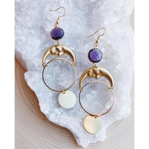 The Moon face Earrings with amethyst crystal Celestial Gift for Her