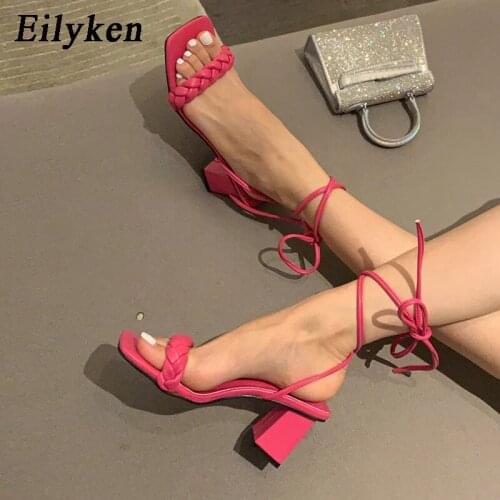 Eilyken New Fashion Women Weave Sandals Square High Heel Lace Up Gladiator Shoes Narrow Band Back Strap Sandal Zapatos Mujer