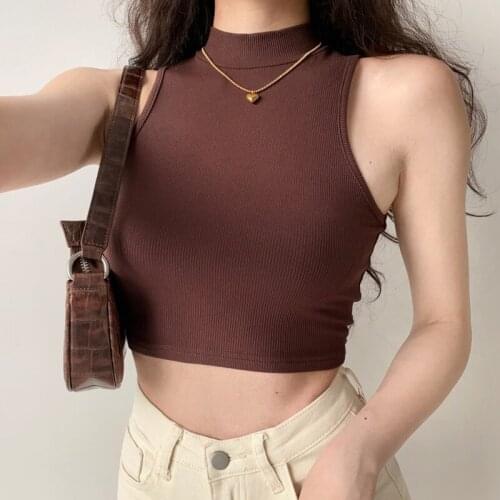 TVVOVVIN American High Collar Sleeveless Vest Womens Summer Slim Short Top Tank Brown Tops Hot Sexy Korean Women V4PY