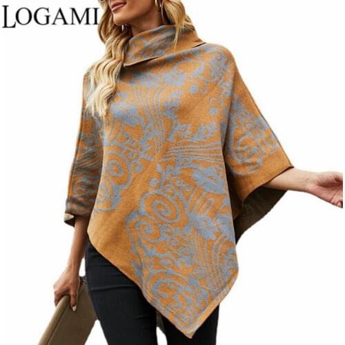 LOGAMI Side Lapel Printed Cape Shawl Sweater Coat for Women Bat Knited Poncho
