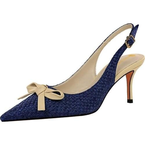 2021 Women 7.5cm High Heels Slingback Summer Sandals Lady Weave Leather Stripper Sandles Wedding Bridal Low Heels Blue Shoes