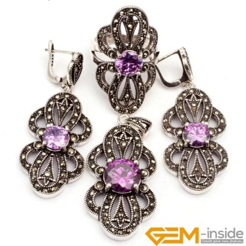 Purple Crystal flower antiqued tibetan silver Jewelry sets: ring earrings pendant party Women Fashion Christmas Birthday Present