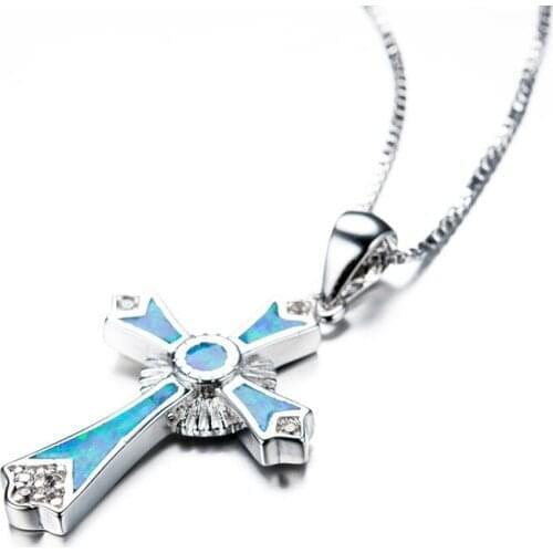 Female Cute Blue Fire Opal Classic Cross Pendant Necklaces For Women Wedding Jewelry Vintage Fashion Silver Color Chain Necklace