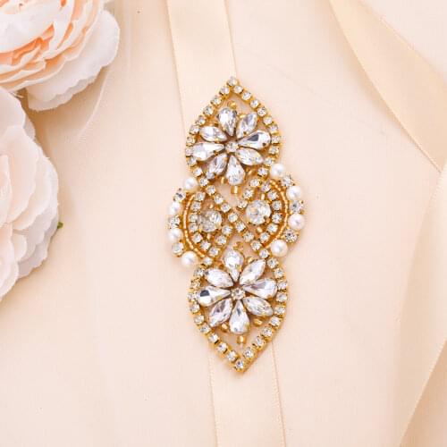 SESTHFAR Crystal Wedding Belt Gold Applique Cinto Feminino Pearl Bridal Rhinestone Sash For Bridal Accessoire Mariage