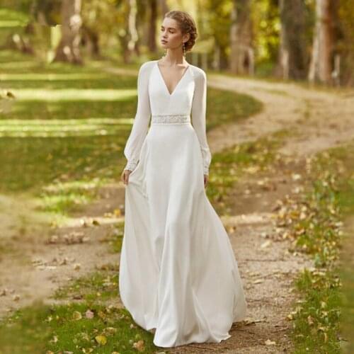 2021 Long Sleeve V Neck Simple vestidos de novia Chiffon Wedding Dresses Beach A Line Bridal Gowns Robe Mariee Open Back Elegant