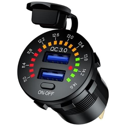 12V 24V Quick Charge 3.0 Dual USB Car Charger Waterproof 18W USB Outlet Fast Charge with LED Voltmeter ON OFF Switch