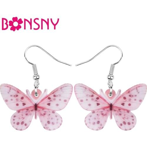Bonsny Acrylic Spot Pink Butterfly Earrings Funny Insect Animal Dangle Drop Jewelry For Women Kid Spring Fashion Gift Decoration