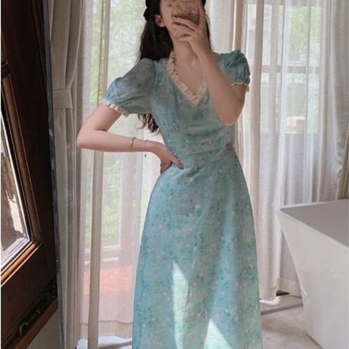 Bella 2021 NEW Summer Floral Party Dress Women V-Neck Lace Patchwork Sweet Dress French Short Sleeve Slim Fairy Kawaii Dress