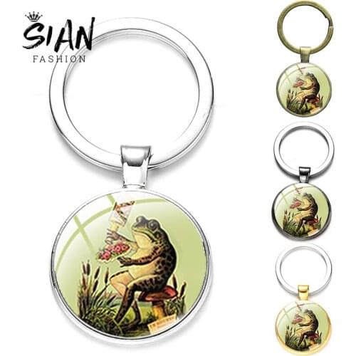 SIAN Women Man Keychains Arrival Frog Cartoon Pictures Metal Pendant Key Chain Ring Round Glass Face Keyring Childrens Favorite