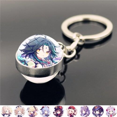 Game Genshin Impact Keychain Charms Double Sided Glass Ball Pendant Cosplay Jewelry Anime Key Chains Key Ring Holder Women Gift