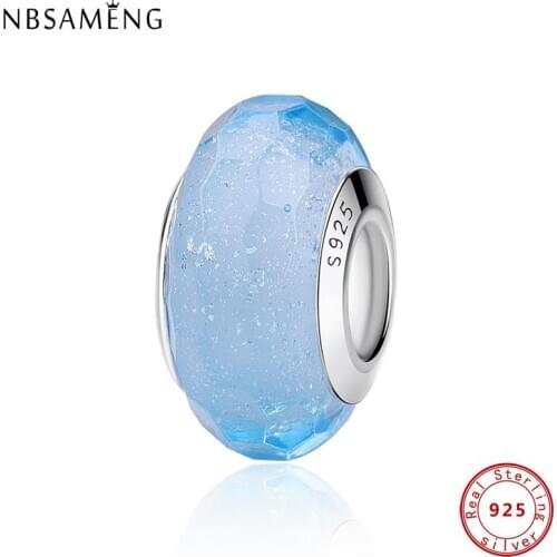 100% 925 Sterling Silver Charm Bead Thread Light Sky Blue Roud Prismatic Charms Beads Fits Bracelet DIY Women Jewelry
