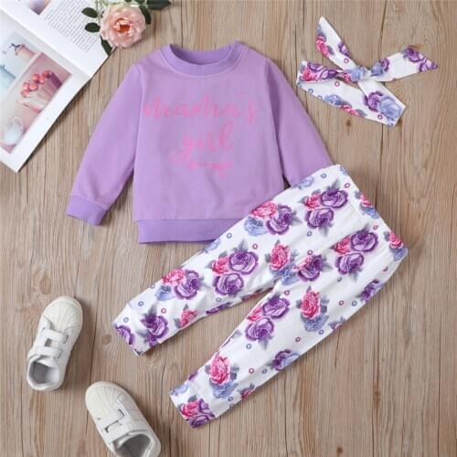 Sweet 0-24M Infant Baby Girl Clothing MAMA Girl Letter Print Purple Sweatshirt+Floral Print Harem Pants+Headband 3pcs
