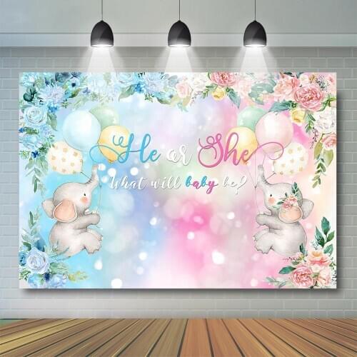 Elephant He or She Gender Reveal Party Backdrop Pink Blue Flower Boy or Girl Baby Shower Banner Gender Surprise Party Decor