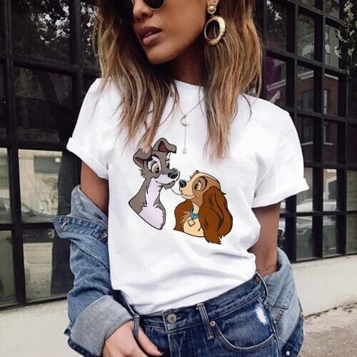 Disney Dogs Lady and The Tramp T Shirt Women Clothes Girl Female T-shirt Sweethearts Couples Tee Shirt Dropship