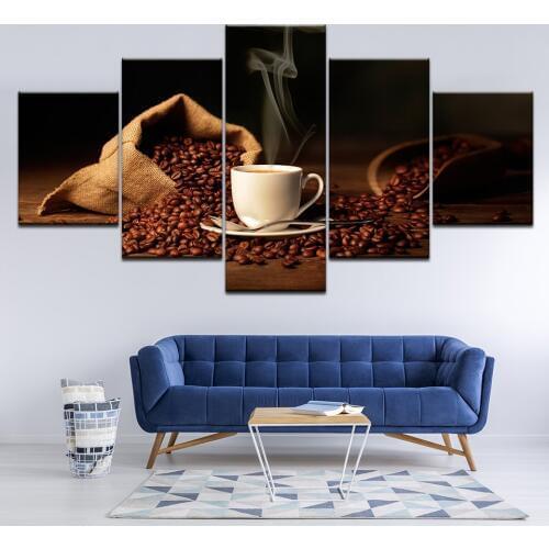 Canvas Painting Coffee beans and hot coffee 5 Pieces Wall Art Painting Modular Wallpapers Poster Print living room Home Decor