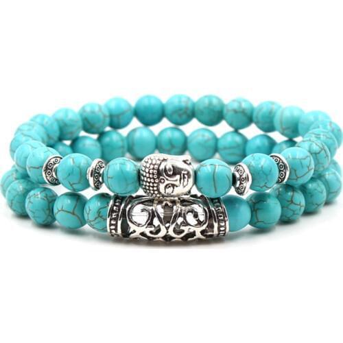 KMVEXO 2PCS/Set Silver Color Buddha Head Lava Skeleton Turquoises Natural Stone Beads For Women Men Bracelet Set Charm Bangles