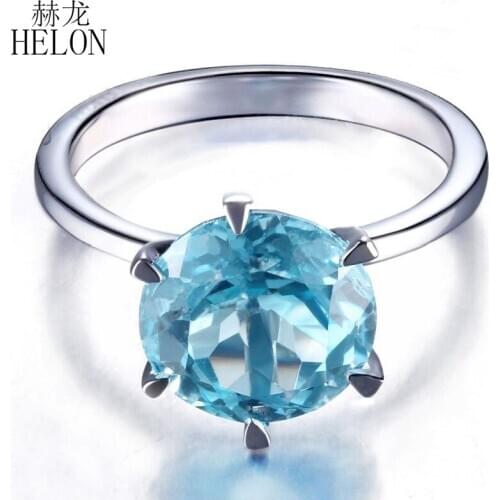 HELON 925 Sterling Silver Flawless Round 9mm Genuine Blue Topaz Gemstone Engagement Wedding Ring Women Trendy Fine Jewelry Gift