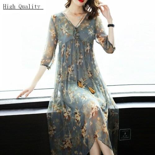 Summer Dress Women Silk Print Floral Long Dress Vintage Dresses Maxi Beach Party Dresses Vestidos Verano 2020 LWL1518