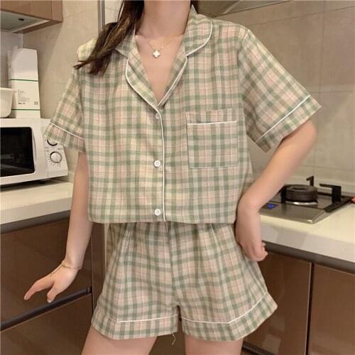 Summer New Soft Women Plaid Pajamas Sets Short Sleeve Turn Down Collar Pocket Pyjama Simple Grid Button Casual Green Blue Pijama
