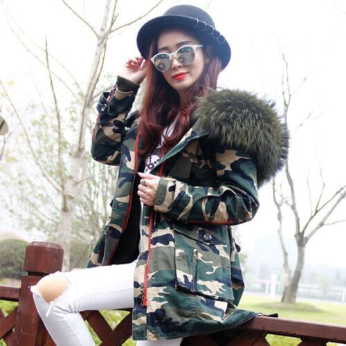 MaoMaoKong winter jacket coat women outwear 100% real raccoon fur collar asymmetrical loose Leopard long black Camouflage parka