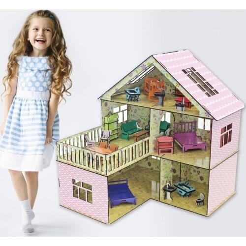 Dream children wooden villa house toy playsets accessory baby doll, safe wood furniture girl daughter toys pink red big colored