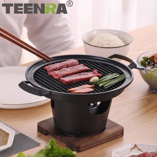 TEENRA Mini BBQ Grill Japanese Non-stick BBQ Grill Portable Alcohol Stove Household Outdoor Wooden Bakeware Roasting Meat Tools
