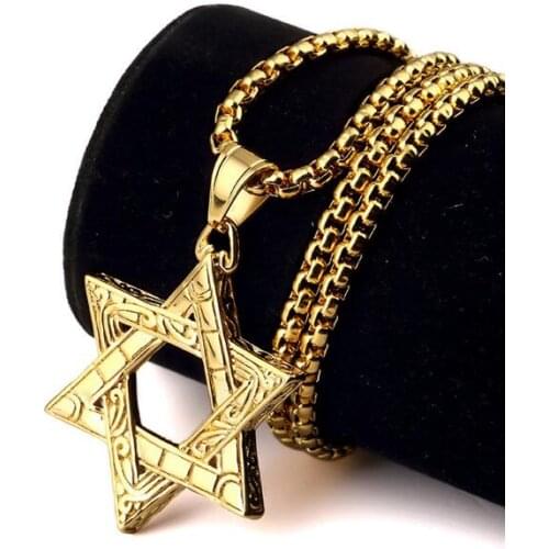 Mens Religious Gold Tone Stainless Steel jewish Star of David Pendant with Box Chain 24 inch