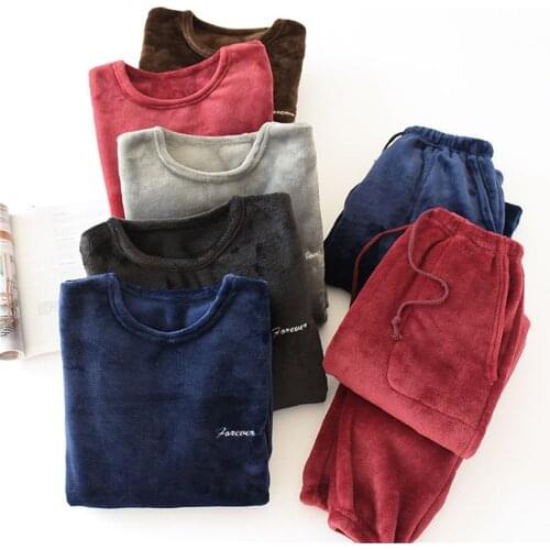 Mens Pajamas Suit 2021 Winter Long Sleeve Thick Warm Flannel Pajama Set Coral Fleece Loungewear Plus Size Homewear Home Clothes