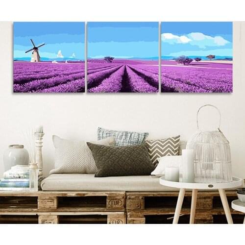DIY Oil Painting By Numbers Purple flower field Pictures 40x40cm Paint Wall art Triptych canvas painting Gift for Home Decor