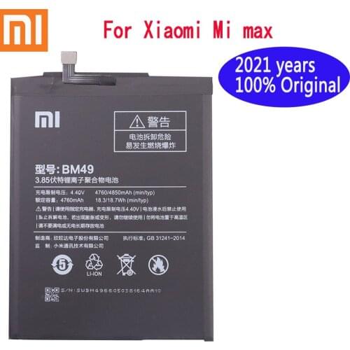 100% Xiaomi Mi Max Original Phone Battery BM49 4850mAh For Xiaomi Mi Max Batteries Li-Polymer Phone Replacement Batteries