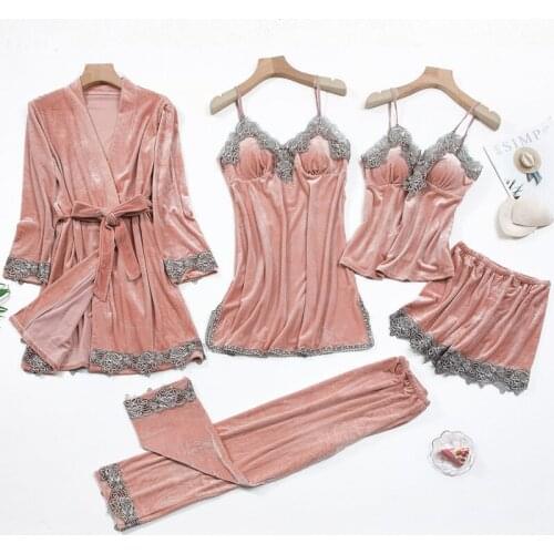 Autumn Winter New Sleepwear Women Pajamas Suit Lace Velour Patchwork Nightwear Intimate Lingerie Pink Home Clothing Pyjamas