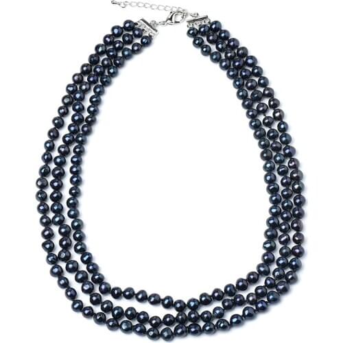 Wholesale free shipping 100% Pearl Necklace Natural jewelry 3ROW 7-8MM Freshwater culture Black Pearl Necklace 7-8mm beads