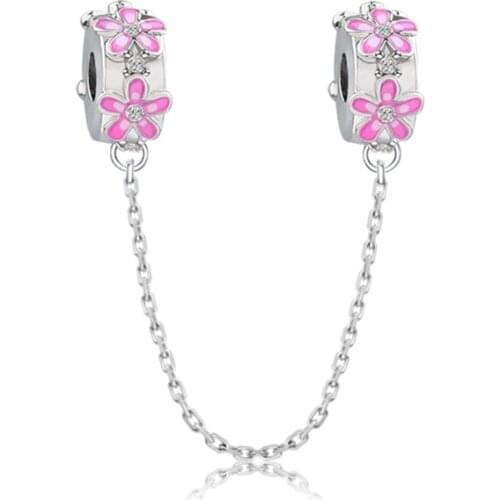 Fit Original Pan Peach Blossom Stopper Charms Bracelet Women Pink Enamel Flower Safety Chain Beads for Jewelry Making DIY Dangle