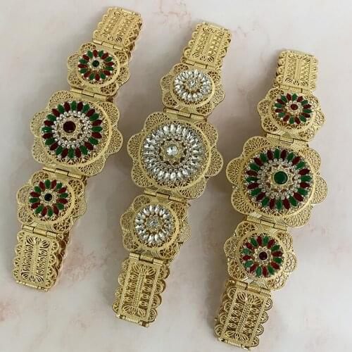 Moroccan Woman Caftan Belt Filled With Diamond Rhinestone Folk Wedding Hollowed-out Flowers With Metal Waist Chain Jewelry