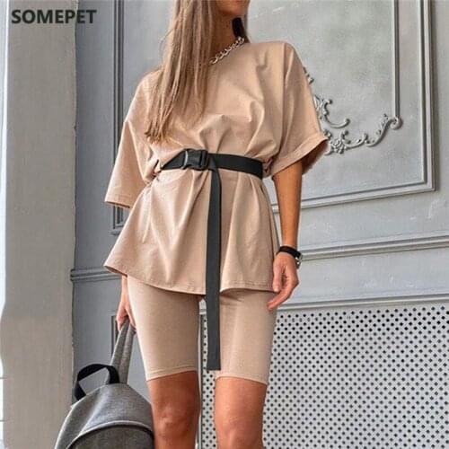 Casual Solid Outfits Womens Two Piece Suit With Belt Home Loose Sports Tracksuits Fashion Leisure Bicycle Suit Summer