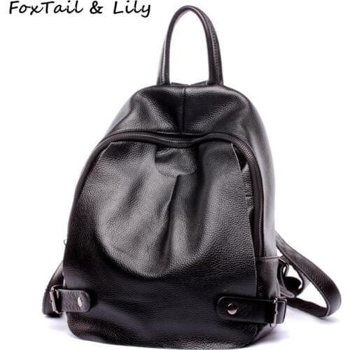 FoxTail & Lily Women Genuine Leather Shoulder Backpack Famous Designer Popular School Bags for Teenage Girls Black Backpacks