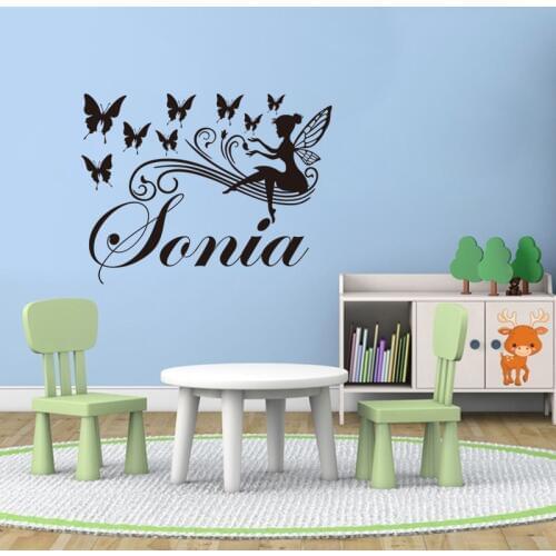 DIY Tinkerbell Fairy Girl And Butterflies Customized Name Art Poster Mural Decal Wall Decor for Girls Room Wallpaper Home Decor
