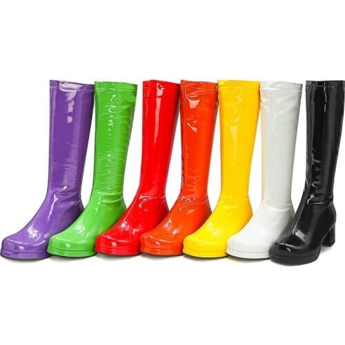 Autumn Winter Patent Leather Boots Fashion Long Shoes Round Toe Platform Thick Heel Ladies Party Wear Green Yellow Lavender Blue