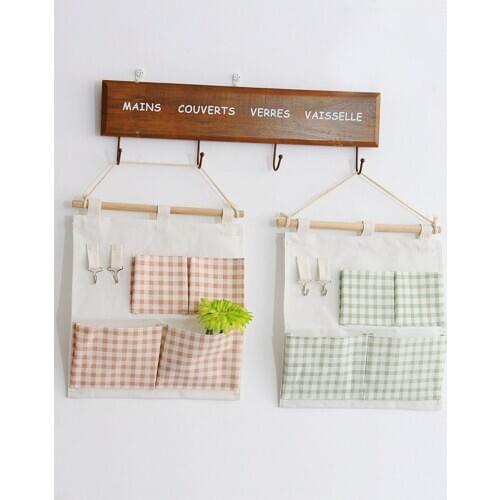 Nordic Ins Simple 4 Pocket Lattice Cotton Linen Cloth Art Hanging Storage Bag Organizers Mounted Wardrobe Cosmetic Jewelry