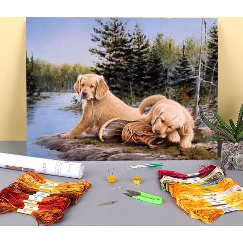 Animal Golden Retriever Printed Water-Soluble Canvas 11CT Cross Stitch Full Kit Embroidery DMC Threads Hobby Decor