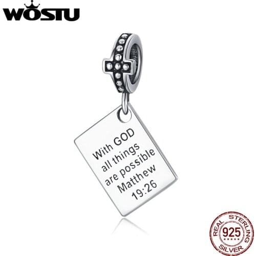 WOSTU 925 Sterling Silver Bible Charms With God all things are possible matthew Religion Beads Fit Bracelet Jewelry BKC1424