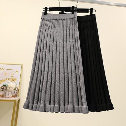 4Xl Good Quality Plus Big Size Vintage Women 2021 Spring Autumn Winter Knitted Black Gray Pure Color Long Skirts Female A5439